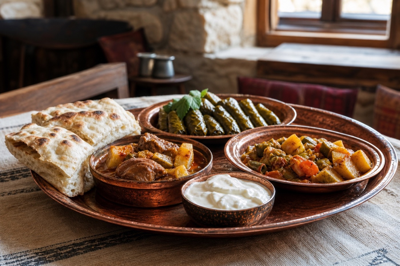 AI-generated interpretation of traditional Bosnian stews, stuffed vine leaves, somun bread, and yogurt at a Mostar aščinica