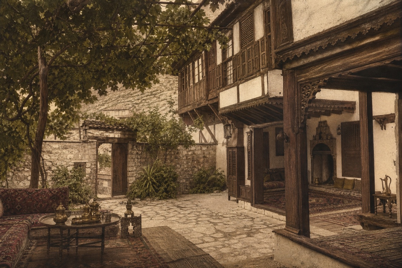 Historical interpretation of the vine-shaded Ottoman courtyard at Kajtaz House in Mostar