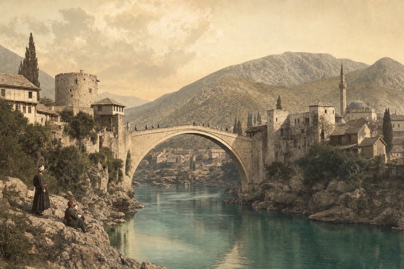 Historical interpretation of Stari Most bridge spanning the Neretva River in Mostar, Bosnia and Herzegovina